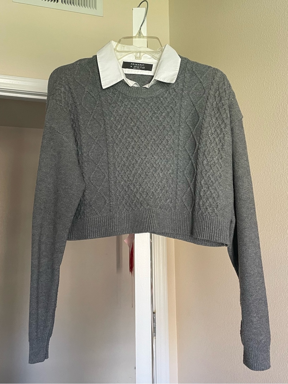 Primark Grey Cable Knit Sweater with White Shirt Collar